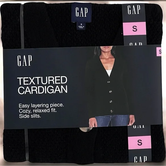 GAP Textured Cardigan Relaxed Fit Long Sleeves Cozy 100% Cotton Sweater Black - Picture 6 of 7